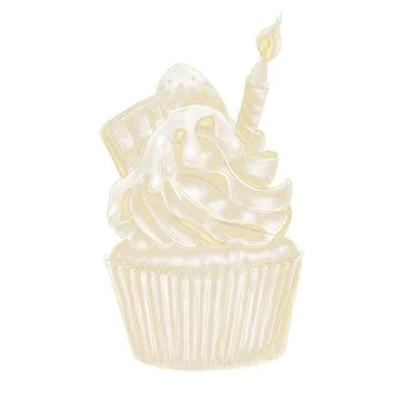 Linear hatched pattern, cupcake with a candle, strawberries and chocolate on  Stock Illustration