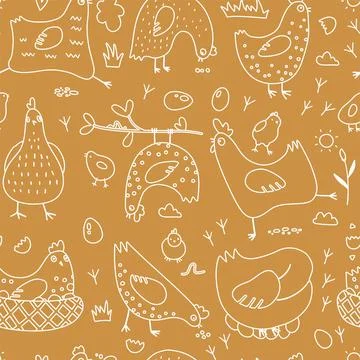 Linear hen birds seamless pattern. Hand drawn outline doodle chickens and eggs Illustrazione stock