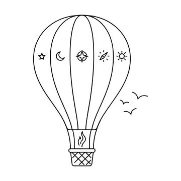 Linear of a hot air balloon featuring celestial symbols like sun, moon, and.. Stock Illustration
