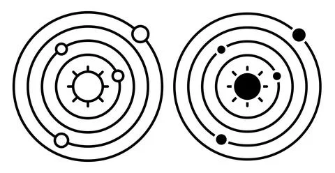 Linear icon. Abstract model of solar system. Planets revolve in orbits Illustrazione stock