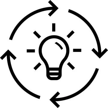 Linear icon of bulb surrounded by arrows as idea generation concept Stock Photos