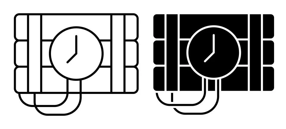 Linear icon of bunch of cylinders with dynamite. Timer on with clock on explo Stock Illustration