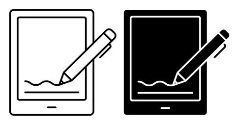 Linear icon. Electronic pen digitally signs tablet screen. Using digital sign Illustrazione stock