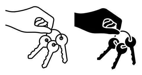 Linear icon. Hand of admin holds bunch of metal key of lock. Solving complex  Stock-Illustration