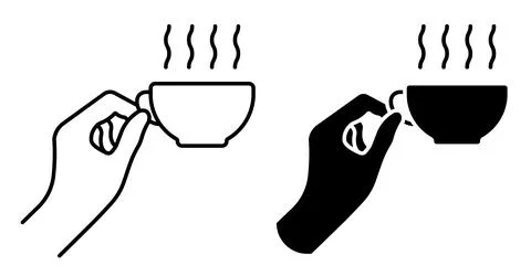 Linear icon. Hand hold Coffee cup with hot drink and steam. Morning invigorat Stock Illustration