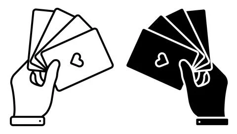 Linear icon. Hand holds playing cards. Professional gambling poker in casino. Stock Illustration