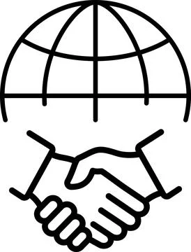 Linear icon of handshake and globe as general agreement or international pa.. Illustrazione stock