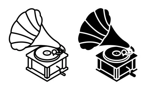 Linear icon, isometric gramophone, old device for playing sound. Large meta.. Stock Illustration