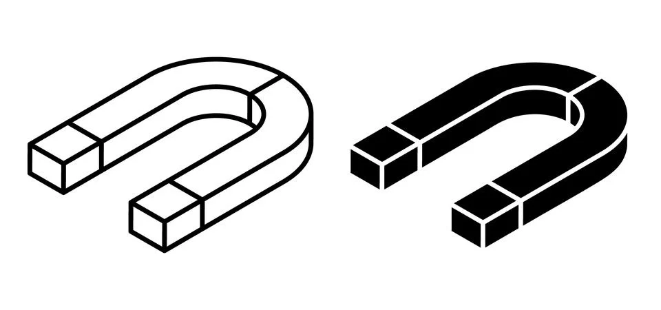Linear icon, Isometric magnet in shape of horseshoe with designation of pol.. Stock Illustration