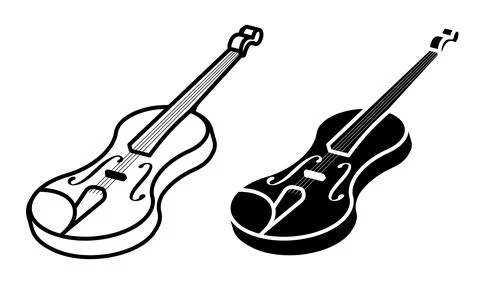 Linear icon, isometric violin and string bow musical instrument. Classical .. Illustrazione stock