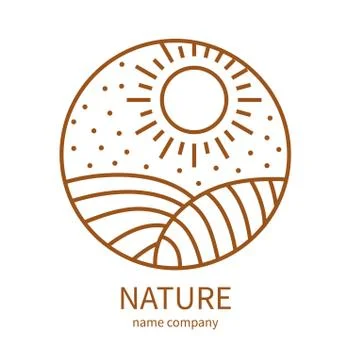 Linear icon of landscape with field and sun in circle. Stock Illustration
