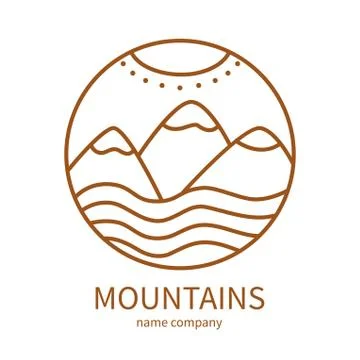 Linear icon of landscape with mountains and sun in circle. Stock Illustration