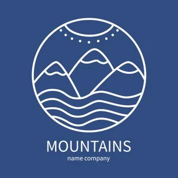 Linear icon of landscape with mountains and sun in circle on dar Stock Illustration