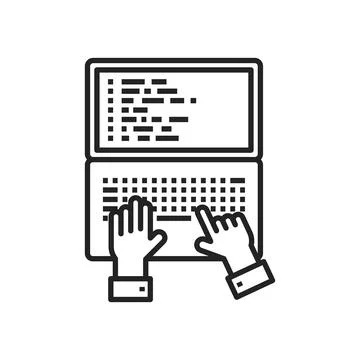 Linear icon of open notebook typing hands isolated Illustrazione stock