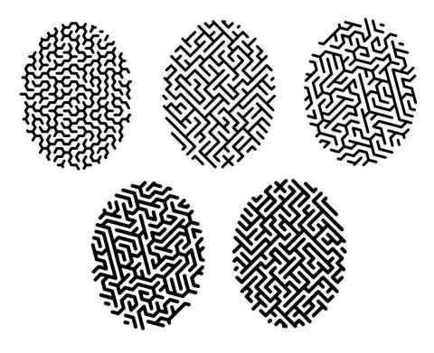Linear icon. Set of fingerprint mazes with unique cells. Fingerprint biometri Illustrazione stock