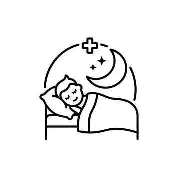 Linear icon showing person sleeping in bed under moon and star with medical.. Ilustração Stock