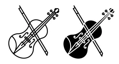 Linear icon. Violin and string bow musical instrument. Classical viola inst.. Illustrazione stock