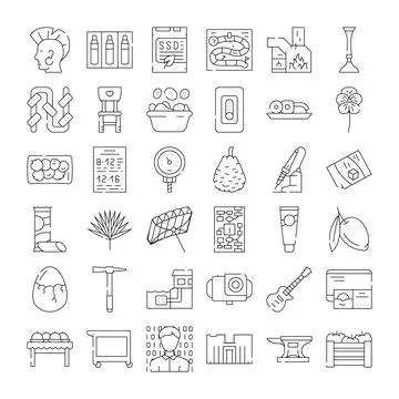 Linear icons collection of various tools and objects Illustrazione stock
