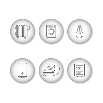 Linear icons of electrical appliances on round backgrounds with 3D effect Stock Illustration