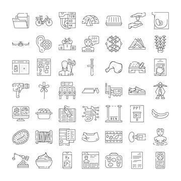 Linear icons representing diverse technology, science, education, and medic.. Stock Illustration