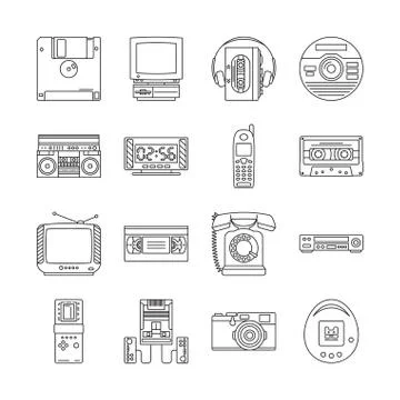 Linear icons set with gadgets of 90s. Retro devices with audio cassette player Stock Illustration