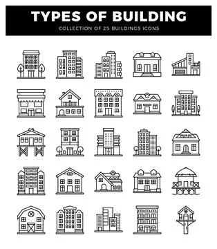 Linear icons of various building types in a grid layout. architectural styles Ilustración de archivo