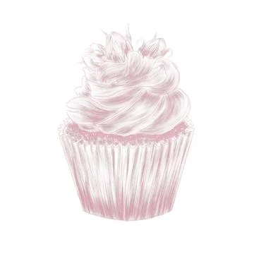 Linear illustration of a cupcake with a rose bud decoration Stock Illustration