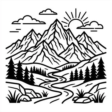 Linear Illustration Featuring a Serene Mountain Landscape with a Winding Ri.. Stockillustratie