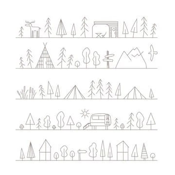 Linear illustrations at the line, border for design about camping, glamping Stock Illustration