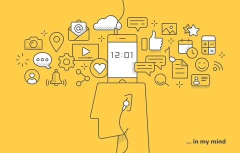 Linear image on a yellow background, the head of a person and a smartphone,.. イラスト素材