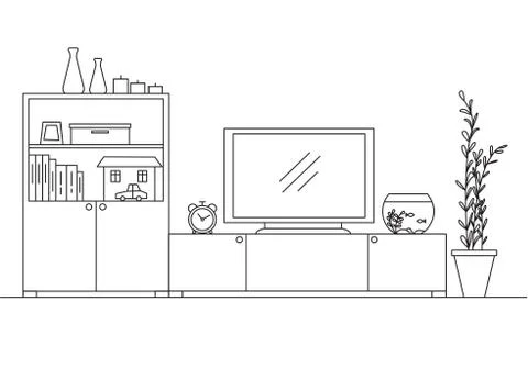 Linear interior with a closet, TV and aquarium. Vector illustration. Stock Illustration