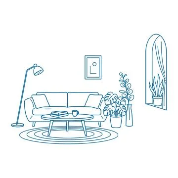 A linear interior scene featuring a sofa, coffee table, floor lamp, potted .. 스톡 일러스트