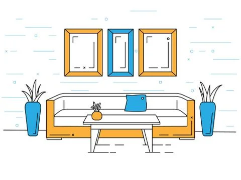 Linear interior. Sofa, table, plants. Vector illustration Stock Illustration