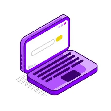Linear isometric image on a white background, purple laptop icon with shadow 스톡 일러스트