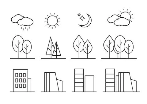 Linear landscape elements vector icons set 스톡 일러스트