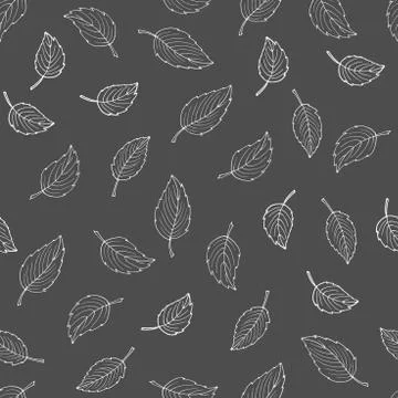 Linear leaves seamless pattern. White contour on dark gray background. Hand Illustrazione stock