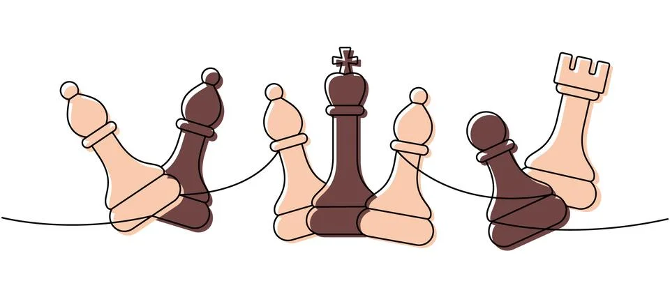Linear minimalist outline of five chess pieces including bishops, king, pawn Stock Illustration