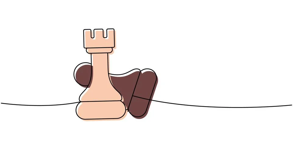 Linear minimalist outline of mixed chess pieces in peach and brown tones leaning Stock Illustration