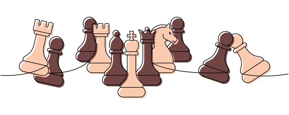 Linear minimalist outline of multiple chess pieces in a full formation on a line Stock Illustration