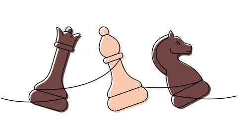 Linear minimalist outline of a queen, bishop, and knight chess pieces aligned on Stock Illustration