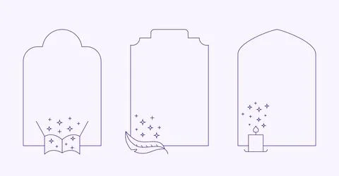 Linear minimalistic aesthetic frames with sparkles, magic stars. Outline arches Stock Illustration