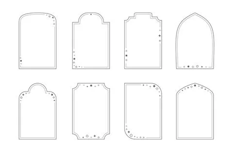 Linear minimalistic aesthetic frames with sparkles, magic stars. Outline arches Stock Illustration