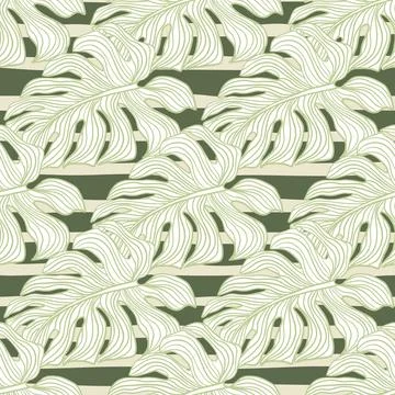 Linear monstera outline seamless pattern. Tropical leaves on stripe backgroun Stock Illustration