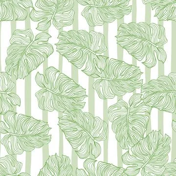 Linear monstera outline seamless pattern on stripe background. Tropical leave Illustrazione stock
