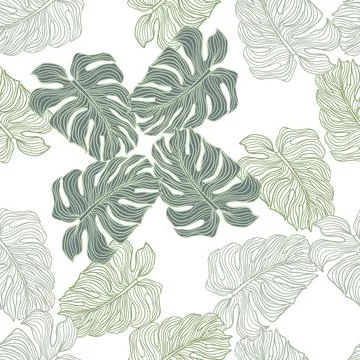 Linear monstera outline seamless pattern isolated. Tropical leaves backdrop. Stock Illustration