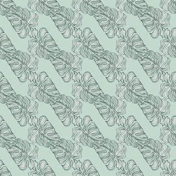 Linear monstera outline seamless pattern on green background. Geometric tropi Stock Illustration