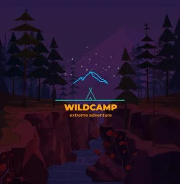 Linear Mountain Camping Badge. In the background vector landscape with Canyon Stock Illustration