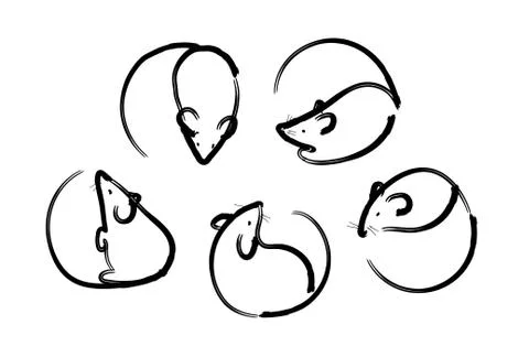Linear mouse icons. Several top and side views, brush drawing. Minimalistic logo Illustrazione stock