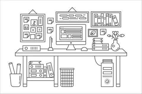 Linear office table with computer workspace and other equipment in office イラスト素材
