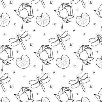 Linear pattern - lotus flower. Lotus flowers pattern. Monotone with drawing l 스톡 일러스트